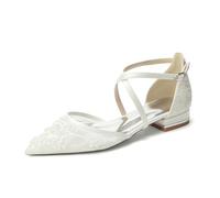 Women's Ballet Flats Pointed Toe Low Heel Criss Cross Bride Dress Shoes for Wedding Evening Party Guest,Ivory,6 UK