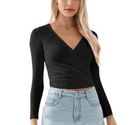 Womens Ballet Wrap Top Long Sleeve Deep V Neck Tie Front Cross Over Ruched T Shirts Solid Slim Fitted Yoga Pilates Gym Workout Tops Y2K (Black Tie Up Front, M)