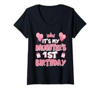 Womens Balloons It's My Daughter's 1st Birthday 2024 1 Years Old V-Neck T-Shirt