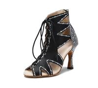 Women's Ballroom Party Latin Dance Boots Lace Up Stilettos High Heels Rhinestones Dancing Sneakers Black 9cm Heel 8