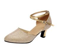 Women's Ballroom Tango Latin Dancing Shoes Sequins Shoes Social Dance Shoe Middle Heels Strap Platform Sandals for Women Practice and Stage Performance Gold