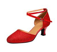 Women's Ballroom Tango Latin Dancing Shoes Sequins Shoes Social Dance Shoe Middle Heels Strap Platform Sandals for Women Practice and Stage Performance Red