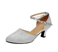 Women's Ballroom Tango Latin Dancing Shoes Sequins Shoes Social Dance Shoe Middle Heels Strap Platform Sandals for Women Practice and Stage Performance Silver