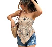 Women's Bandana Tube Top Paisley Print Y2k Strapless Smocked Backless Peplum Blouse UK Boho Hem Going Out Top for Ladies Summer Beach Loose Flowy Tank Vest Shirt Tops