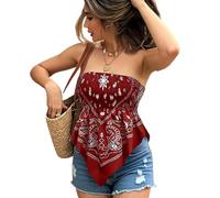 Women's Bandana Tube Top Paisley Print Y2k Strapless Smocked Backless Peplum Blouse UK Boho Hem Going Out Top for Ladies Summer Beach Loose Flowy Tank Vest Shirt Tops
