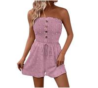 Women's Bandeau Playsuit Summer Strapless Short Jumpsuits Elegant Sleeveless Tube Romper Shorts Overalls One Piece Drawstring Shorts Playsuits for Women UK