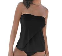 Womens Bandeau Tankini Set Ruffle Tube Top Two Pieces Swimsuits Strapless Ruffle Swim Top with Bottom Bikini Swimwear