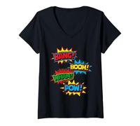 Womens Bang Boom Wham Pow Comic Pop Art Superhero Sound Word Design V-Neck T-Shirt