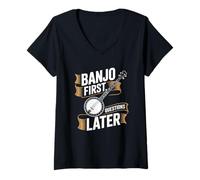 Women's Banjo First Questions Later Bluegrass Banjo V-Neck T-Shirt