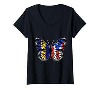 Womens Barbados and Puerto Rico Mix Butterfly Half Bajan Boricua V-Neck T-Shirt