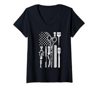Women's Barber Tools American Flag Scissors Comb Graphic V-Neck T-Shirt