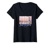 Women's Barcelona Catalonia Sunset Skyline Spain Vintage Souvenir V-Neck T-Shirt