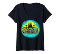 Womens Barcelona Retro Airbrush Style City Design V-Neck T-Shirt