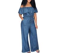 Women's Bardot Frill Off Dungarees Womens Romper Jumpsuit Shoulder Playsuits Long Party Club Jeans Denim Overalls with Adjustable Waist Loose Casual Baggy Wide Leg Jumpsuit(XXL,Light blue)