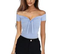 Womens Bardot Off Shoulder Crop Tops Ladies Short Sleeve Plain Tunic Tops Pullover T-Shirt Boobtube Jumper Blouse (Tag L(UK 10), Blue)