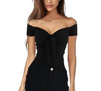 Womens Bardot Off Shoulder Crop Tops Ladies Short Sleeve Plain Tunic Tops Pullover T-Shirt Boobtube Jumper Blouse (Tag L(UK 10), Black)