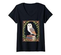Womens Barn Owl On Vintage Books Ivy Frame Cottagecore Aesthetic V-Neck T-Shirt