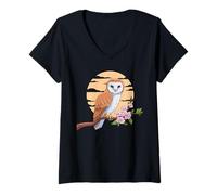 Womens Barn Owl Sunset Cherry Blossoms Owl Lover V-Neck T-Shirt