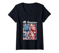 Women's Bartender Costume American 4th of July US Flag Bow Tie V-Neck T-Shirt