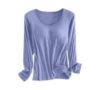 Womens Base Layer Tops Long Sleeve, Modal Thermal Underwear Shirt with Built-in Bra, Stretchy Round Neck Loungewear, Warm Soft Breathable Undergarment for Autumn Winter Light Blue