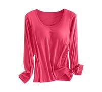 Womens Base Layer Tops Long Sleeve, Modal Thermal Underwear Shirt with Built-in Bra, Stretchy Round Neck Loungewear, Warm Soft Breathable Undergarment for Autumn Winter Watermelon Red