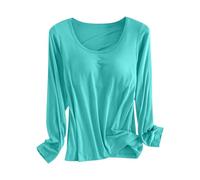 Womens Base Layer Tops Long Sleeve, Modal Thermal Underwear Shirt with Built-in Bra, Stretchy Round Neck Loungewear, Warm Soft Breathable Undergarment for Autumn Winter Green