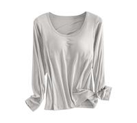 Womens Base Layer Tops Long Sleeve, Modal Thermal Underwear Shirt with Built-in Bra, Stretchy Round Neck Loungewear, Warm Soft Breathable Undergarment for Autumn Winter Grey
