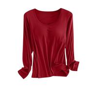 Womens Base Layer Tops Long Sleeve, Modal Thermal Underwear Shirt with Built-in Bra, Stretchy Round Neck Loungewear, Warm Soft Breathable Undergarment for Autumn Winter Wine