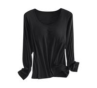 Womens Base Layer Tops Long Sleeve, Modal Thermal Underwear Shirt with Built-in Bra, Stretchy Round Neck Loungewear, Warm Soft Breathable Undergarment for Autumn Winter Black