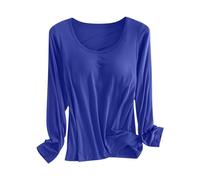 Womens Base Layer Tops Long Sleeve, Modal Thermal Underwear Shirt with Built-in Bra, Stretchy Round Neck Loungewear, Warm Soft Breathable Undergarment for Autumn Winter Blue