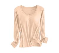 Womens Base Layer Tops Long Sleeve, Modal Thermal Underwear Shirt with Built-in Bra, Stretchy Round Neck Loungewear, Warm Soft Breathable Undergarment for Autumn Winter Beige