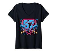 Women's Baseball 67 Colorful Dripping 67th Birthday Fun 67 Number V-Neck T-Shirt