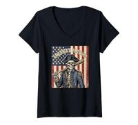 Women's Baseball America’s Pastime Patriotic Skeleton American Flag V-Neck T-Shirt