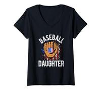 Women's Baseball Daughter USA Flag V-Neck T-Shirt