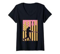 Womens Baseball Dripping Ice Cream USA American Flag Sports Pitcher V-Neck T-Shirt
