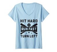 Womens Baseball Funny Hit Hard Run Fast Turn Left V-Neck T-Shirt