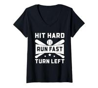 Womens Baseball Funny Hit Hard Run Fast Turn Left V-Neck T-Shirt