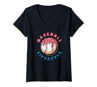 Women's Baseball Lifestyle Donut Ball Pink Sprinkles Food V-Neck T-Shirt