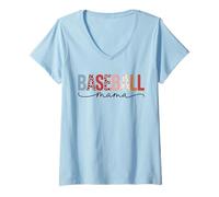 Women's Baseball Mama Leopard Floral Ball Game Mom V-Neck T-Shirt