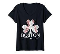 Womens Baseball Shamrock Lucky Clover Funny St Patrick's Day Boston V-Neck T-Shirt