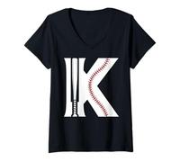 Womens Baseball Sport Player Monogram Cute Initial Letter K Design V-Neck T-Shirt