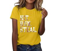 Women's Baseball Tops, Short Sleeve | Hit Run Steal Letter Print Round Neck Tee, Convertible Long Sleeve, Ladies Casual Top Yellow L