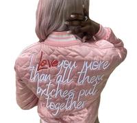 Women's Baseball Varsity Jacket Cropped Bomber Quilted Jackets Vintage Casual Lightweight Crop Top Coat, Pink, L