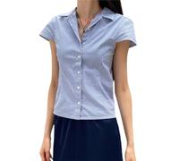 Women's Basic Button Down Shirts Cap Sleeve Lapel Collar Tight Blouse Tie Up Back Slim Fit Tops Summer Office Shirt (J-Sky Blue, S)