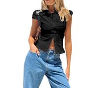 Women's Basic Button Down Shirts Cap Sleeve Lapel Collar Tight Blouse Tie Up Back Slim Fit Tops Summer Office Shirt (K-Black, L)