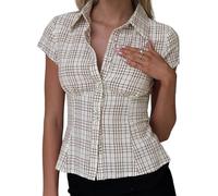 Women's Basic Button Down Shirts Cap Sleeve Lapel Collar Tight Blouse Tie Up Back Slim Fit Tops Summer Office Shirt (E-Coffee, S)