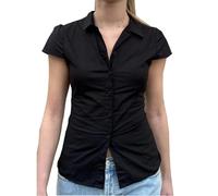 Women's Basic Button Down Shirts Cap Sleeve Lapel Collar Tight Blouse Tie Up Back Slim Fit Tops Summer Office Shirt (J-Black, L)