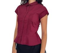 Women's Basic Button Down Shirts Cap Sleeve Lapel Collar Tight Blouse Tie Up Back Slim Fit Tops Summer Office Shirt (G-Burgundy, S)