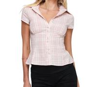 Women's Basic Button Down Shirts Cap Sleeve Lapel Collar Tight Blouse Tie Up Back Slim Fit Tops Summer Office Shirt (E-Pink, L)