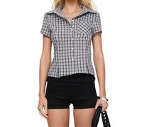 Women's Basic Button Down Shirts Cap Sleeve Lapel Collar Tight Blouse Tie Up Back Slim Fit Tops Summer Office Shirt (D-Navy Blue, XL)